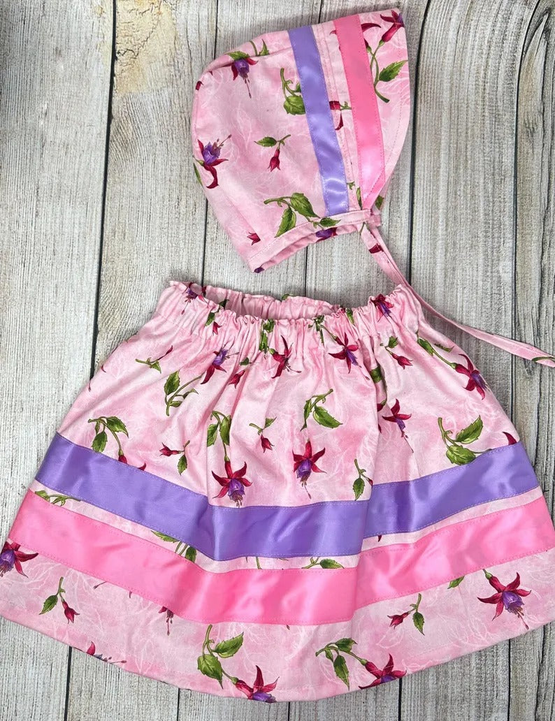 Ribbon Skirt Bonnet Indigenous Infant Gift Set, Baby Girl OOAK Indigenous, Size 0-6 Months, Fushia Floral Skirt and matching Bonnet