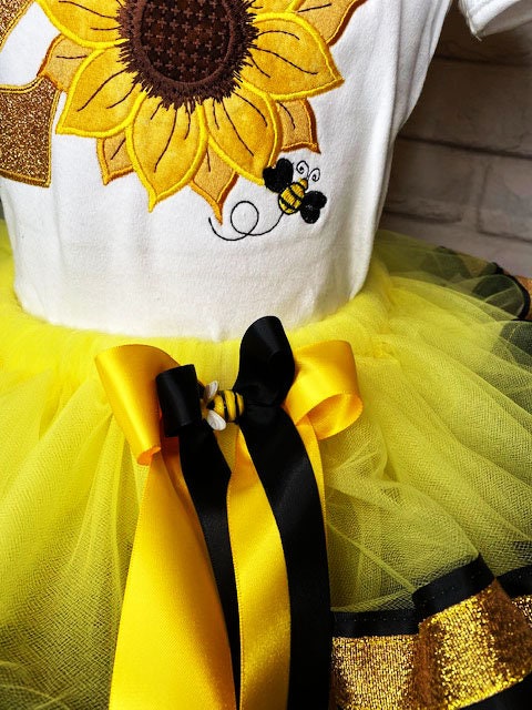 Sunflower and Bees, Sunflower Tutu Set, 2nd Birthday Shirt, Fall Birthday, Sunflower Birthday Shirt, Sunflower Bee Skirt