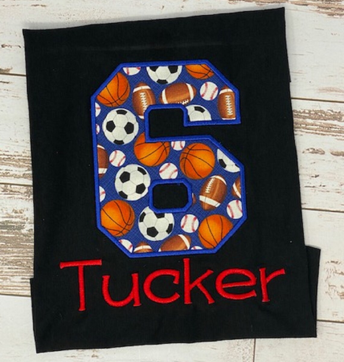 Sports Birthday Shirt - Basketball Volleyball Football Baseball Shirt - Six Birthday - Boys Birthday Shirt - Black Red Royal Blue