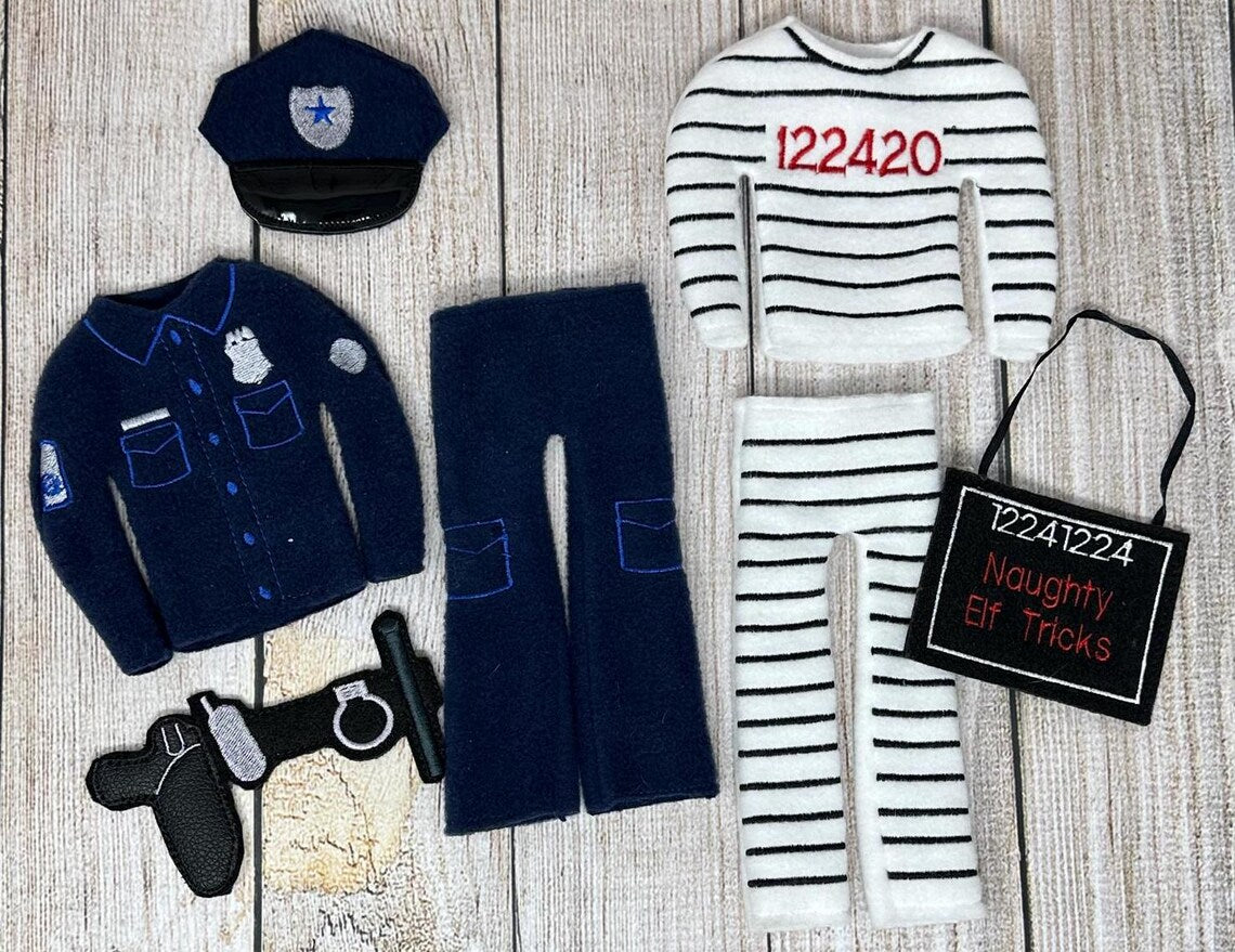 Police and Prisoner Elf Costumes, Naughty Elf Tricks, Doll Clothing, Christmas Elf, Elf Props