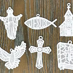 Religious Ornaments Sold as Set of 6 or Singly, Free Standing Lace Embroidered Ornaments, Christmas Tree Ornaments Gifts Home Decor