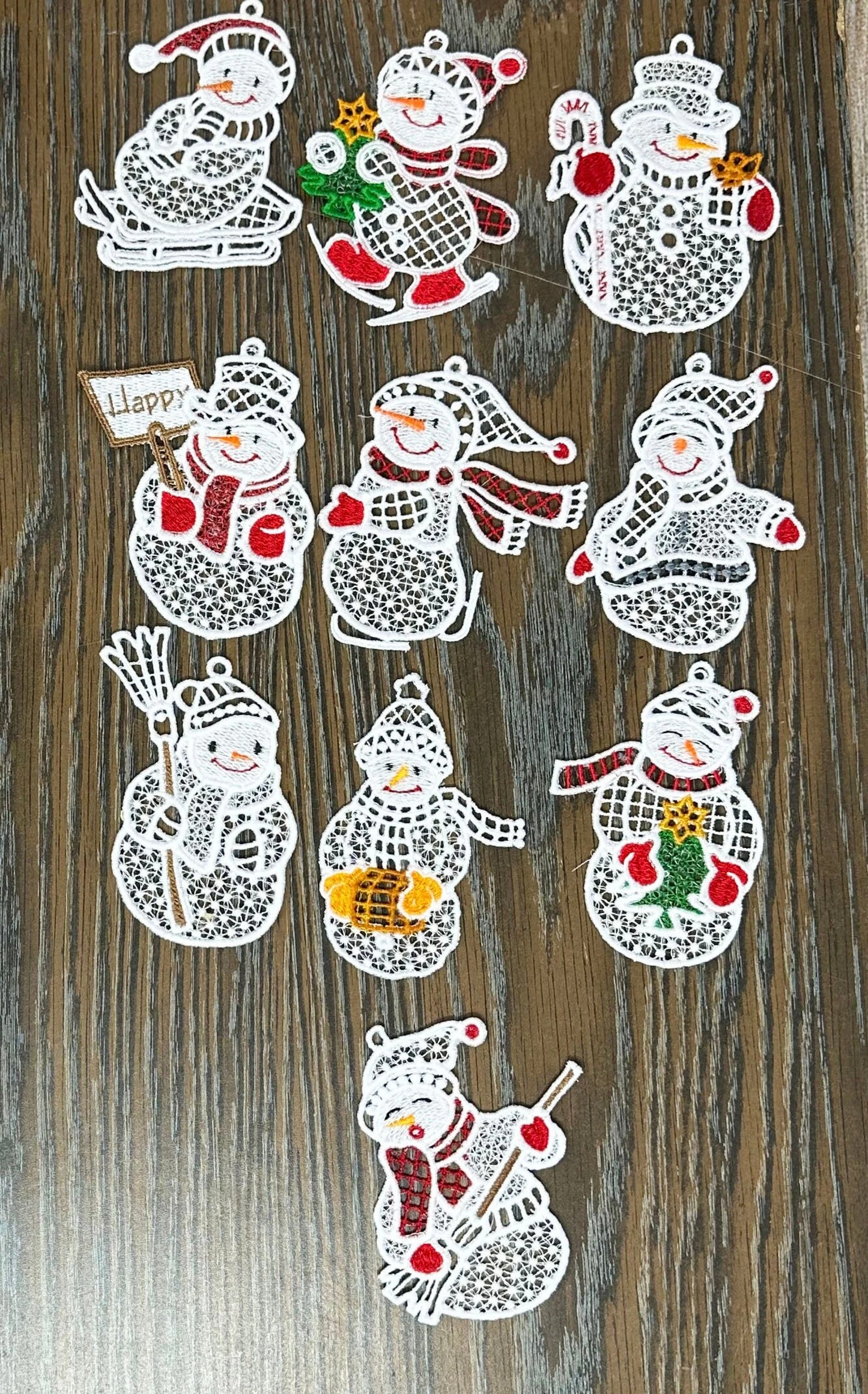 Snowman Ornament Collection #1, Set of 10 Different Embroidered Snowman Ornaments, Snowman Tree Ornaments, Snowman Gifts, FSL