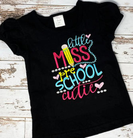 ANY GRADE, Little Miss PreSchool Cutie Shirt, Embroidered Back to School Shirt, PreSchool School Puffed Sleeve Shirt