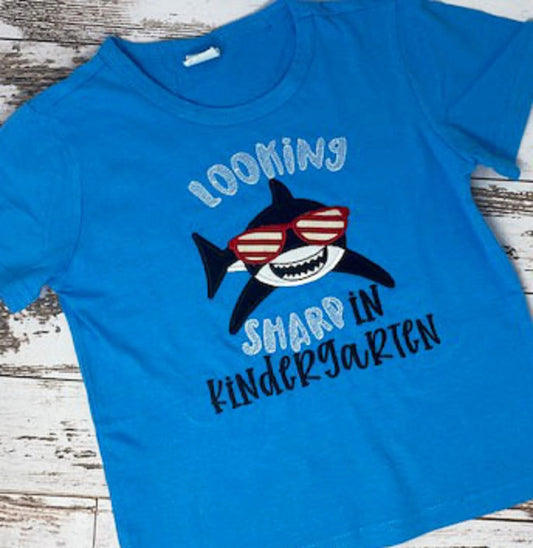 ANY GRADE, Looking Sharp in Kindergarten boy shirt, Back to School Shirt, Shark Shirt