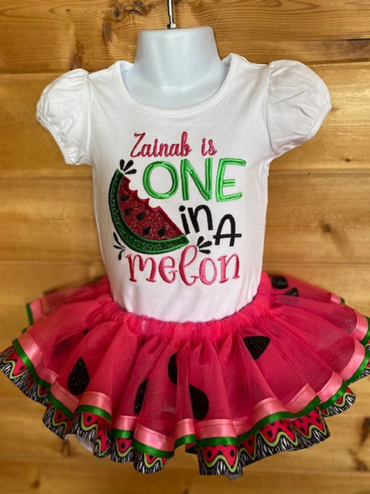 Melon Girls Birthday Shirt and Tutu, Watermelon Summer Embroidered One in a Melon Puffed Shirt