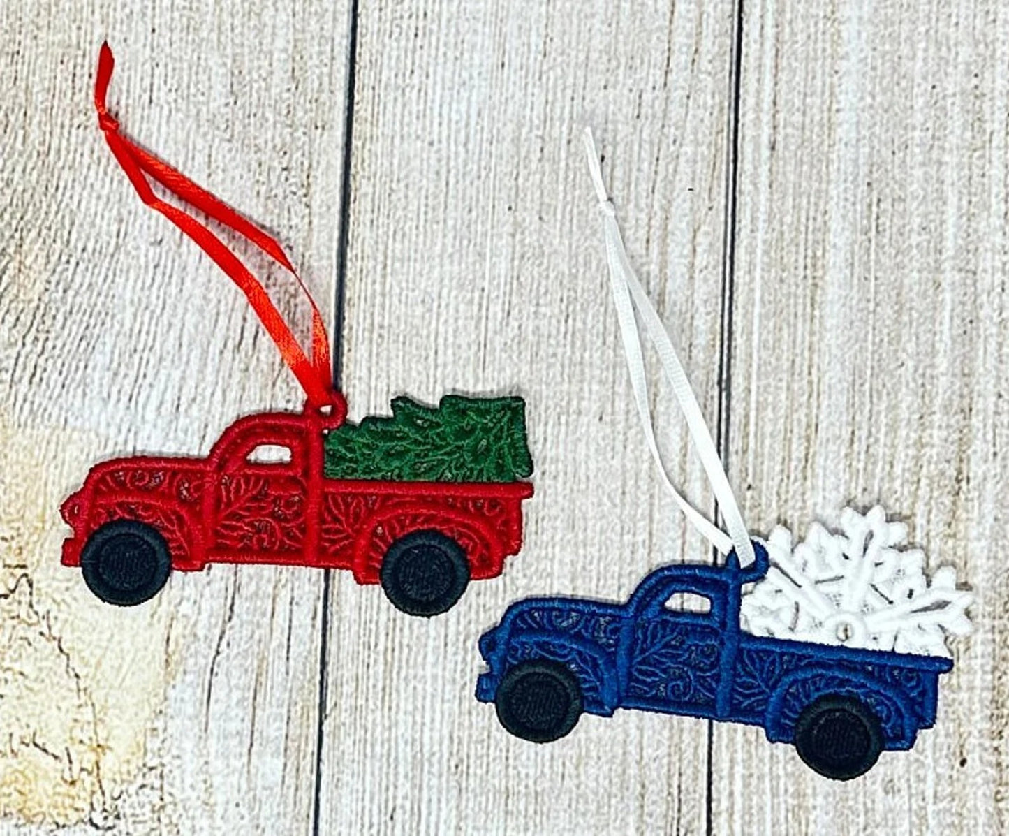 Lace Truck Ornament, Embroidered Truck Ornaments, Red Truck with Christmas Tree, Blue Truck with Snowflake, Gift, Hanging Ornament