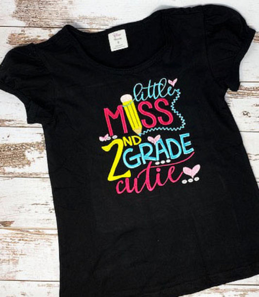 ANY GRADE, Little Miss 2nd Grade Cutie Shirt, Embroidered Back to School Shirt, 2nd Grade School Puffed Sleeve Shirt