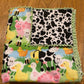 Farm Animals Flannel Receiving Blanket, Cow print flannel back, double flannel, hand crocheted 42" x 42"