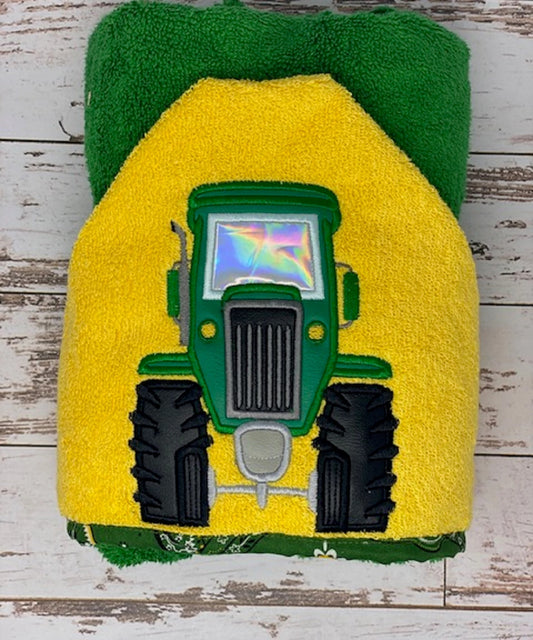 Green Tractor Hooded Bath Towel, Free Personalization Tractor Embroidered Hooded Beach Towel, Children's Hooded Towel