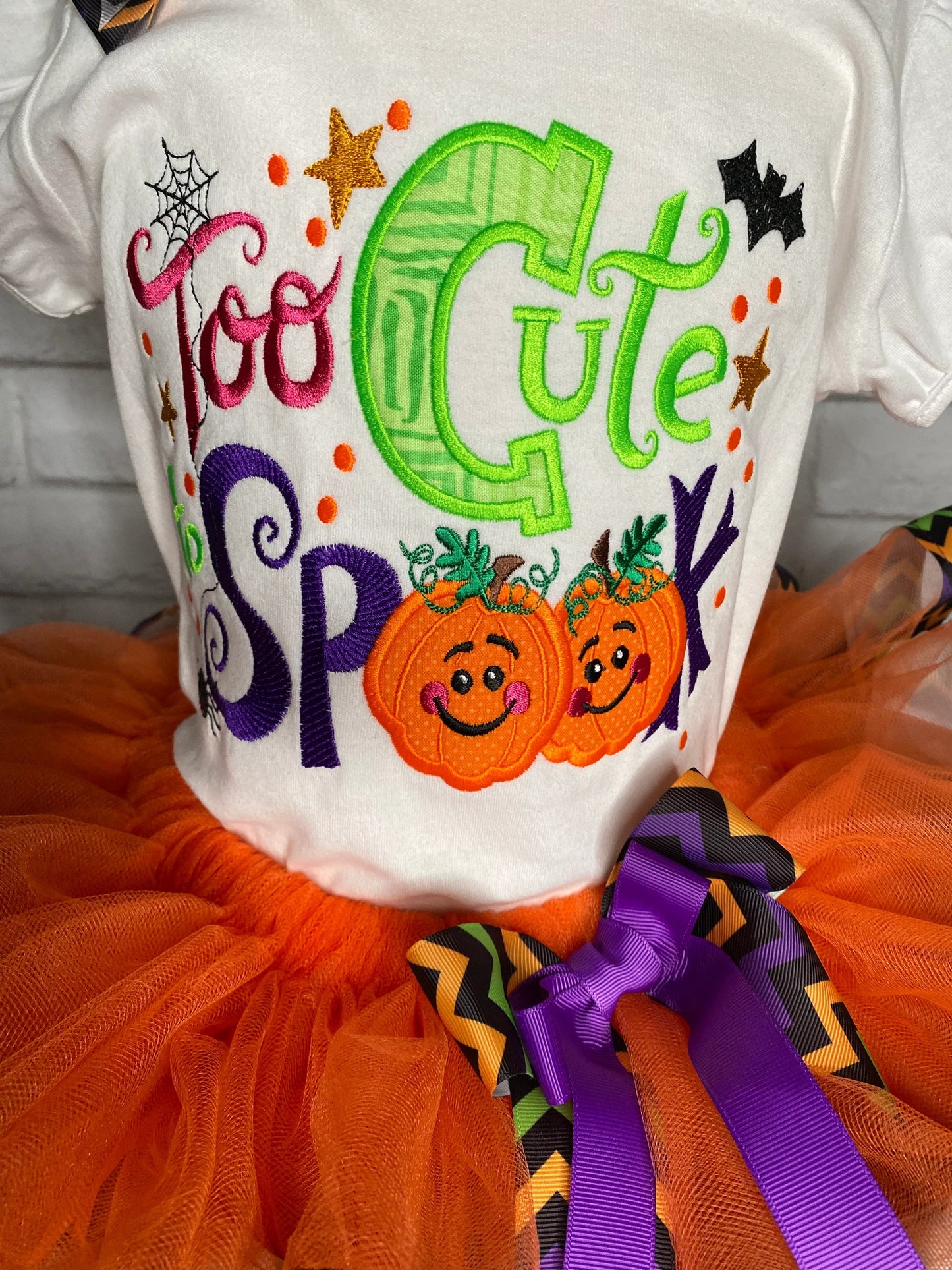 Too Cut to Spook Tutu Set, Halloween Tutu Set, Halloween Shirt Hairbow Tutu, Halloween Spiders Pumpkins Bats Ribbon