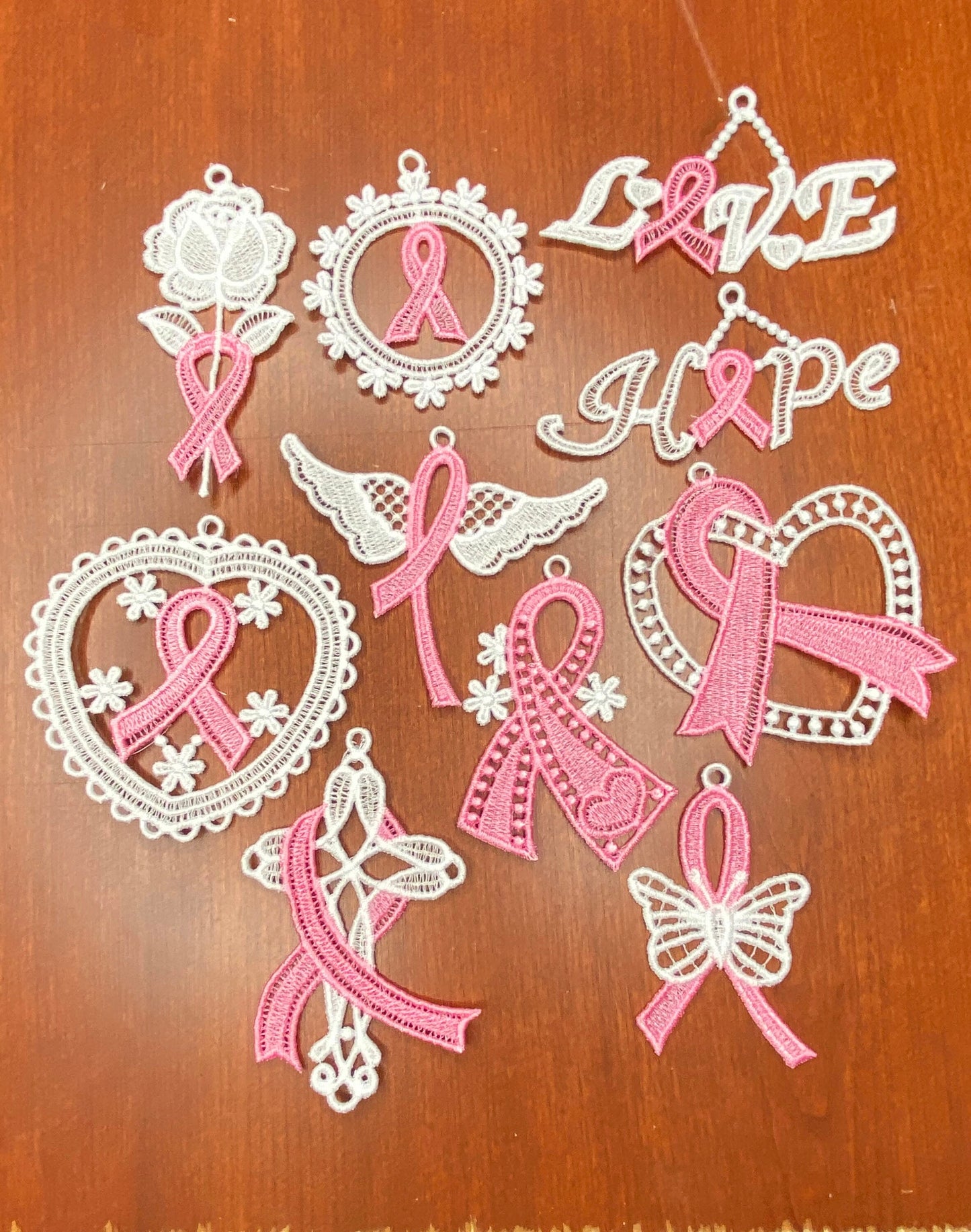 ANY COLOR Lace Ornaments, Breast Cancer Ornaments, Free Standing Lace Ornaments