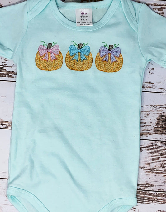 Pumpkins with Bows Aqua Bodysuit, Fall Pumpkins Baby Shirt, Pumpkin Baby Aqua Bodysuit, Embroidered Pumpkin Bodysuit