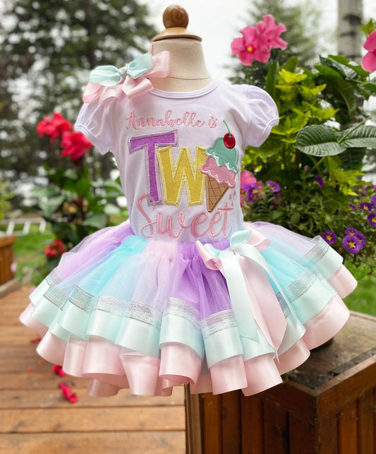 TWO Sweet Birthday Tutu Set, 2nd Ice Cream Cone Birthday Shirt Matching Hairbow, ANY AGE, Any Size Birthday Shirt