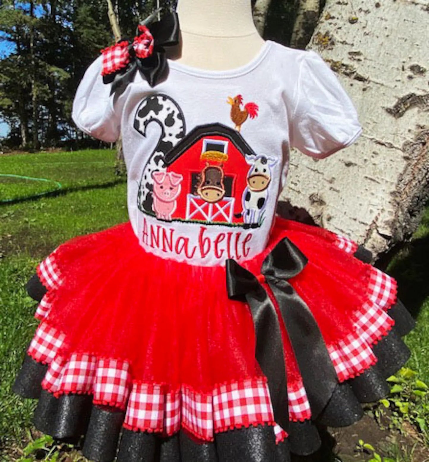 ANY AGE, Farm Barn Tutu Set, Cow Pig Chicken Horse Cow Tutu Shirt and Hairbow, 2nd Birthday Farm