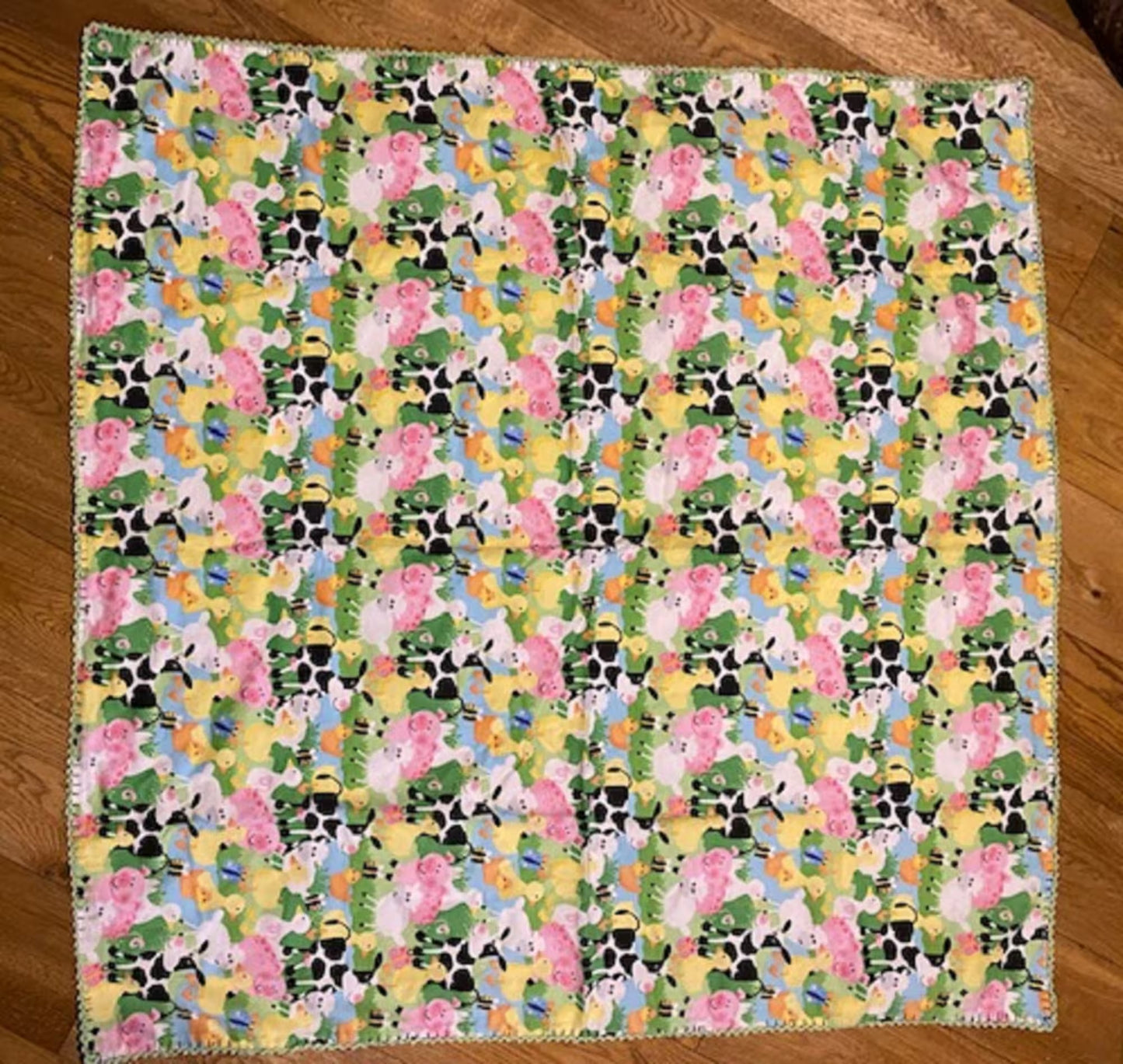 Farm Animals Flannel Receiving Blanket, Cow print flannel back, double flannel, hand crocheted 42" x 42"