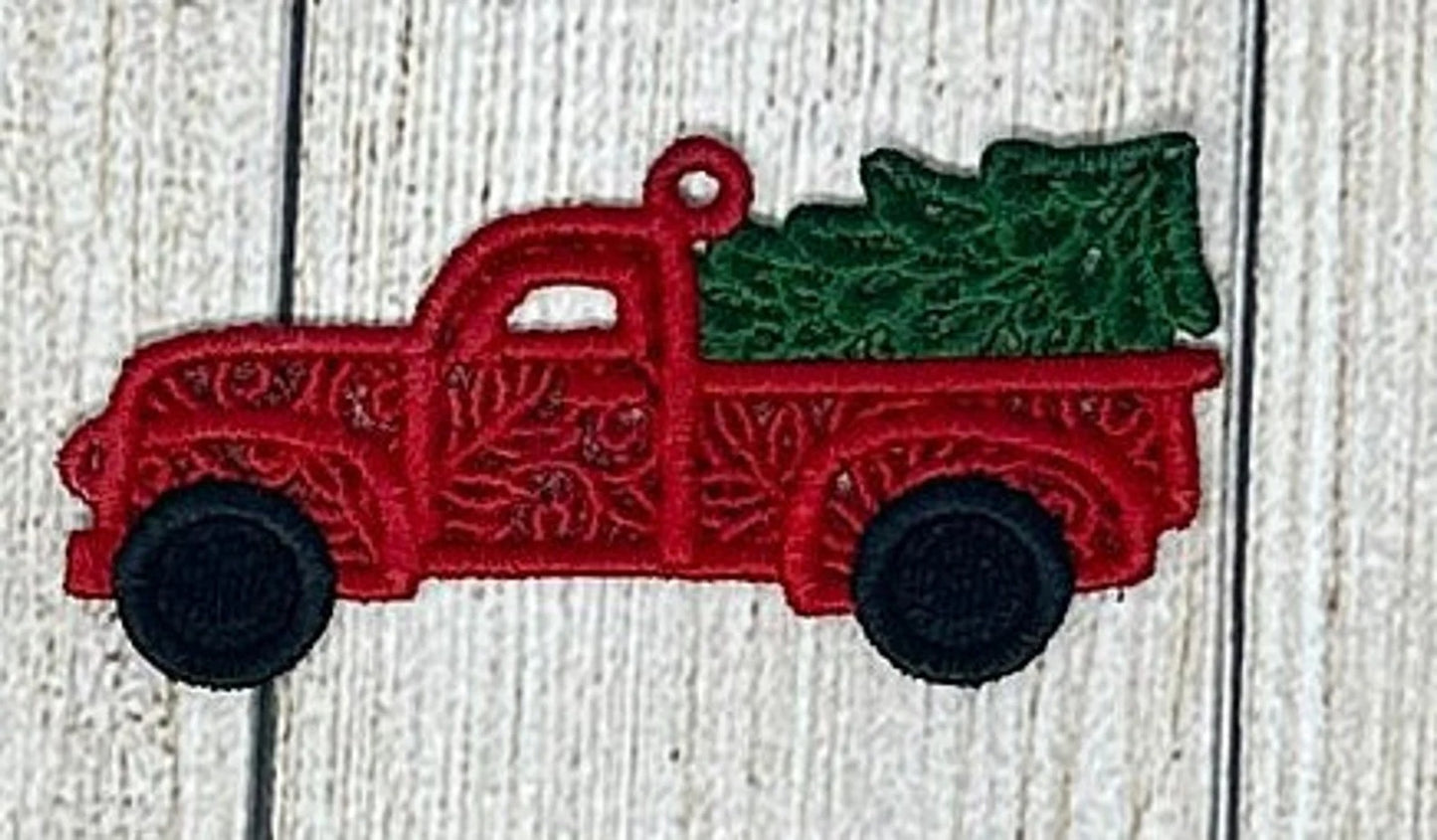 Lace Truck Ornament, Embroidered Truck Ornaments, Red Truck with Christmas Tree, Blue Truck with Snowflake, Gift, Hanging Ornament