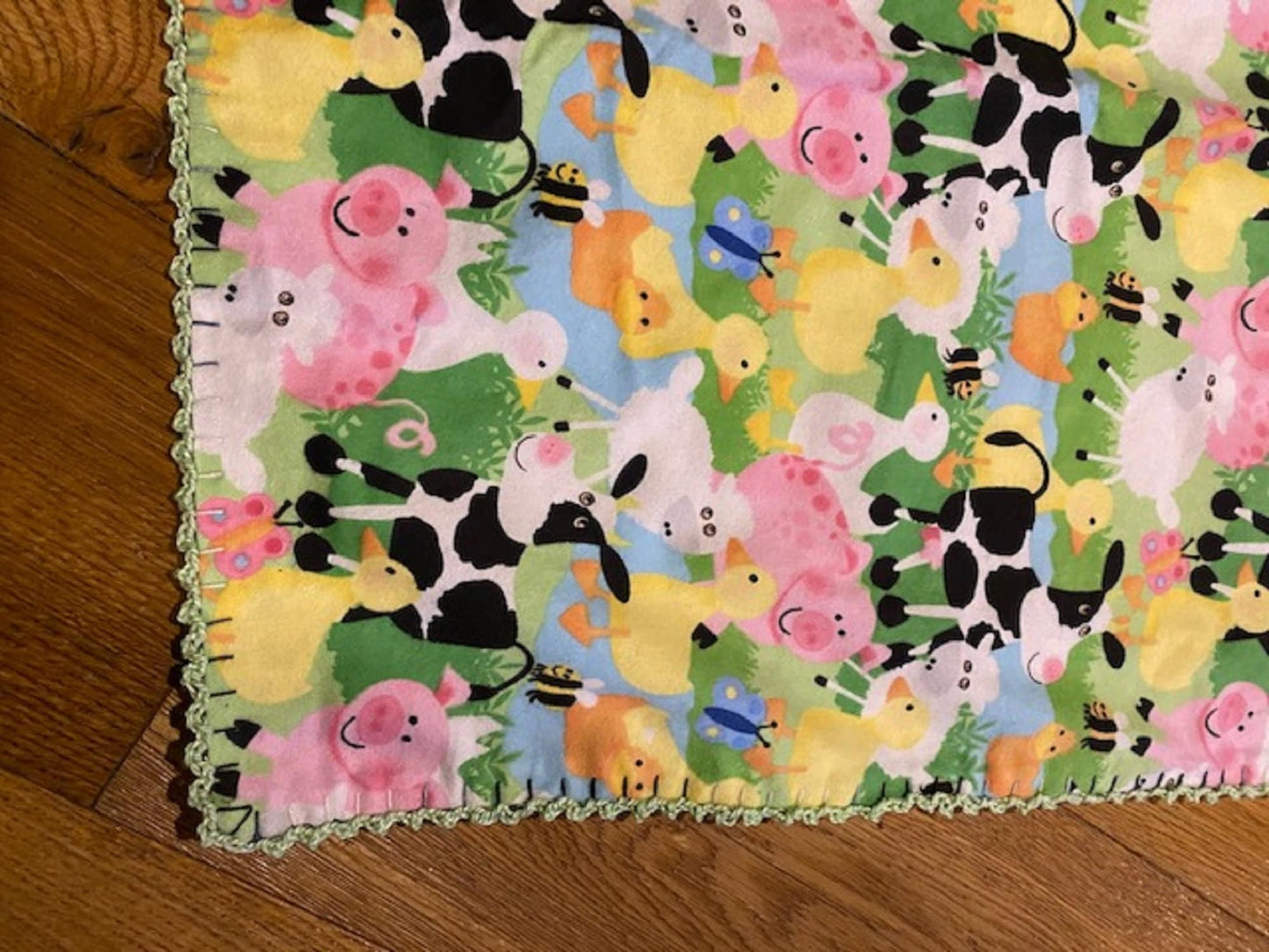 Farm Animals Flannel Receiving Blanket, Cow print flannel back, double flannel, hand crocheted 42" x 42"