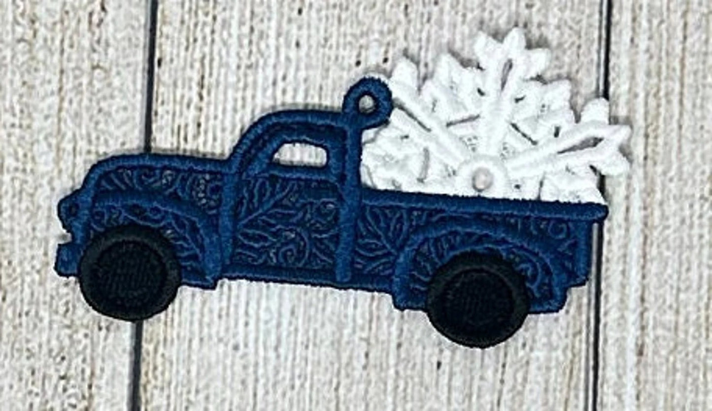 Lace Truck Ornament, Embroidered Truck Ornaments, Red Truck with Christmas Tree, Blue Truck with Snowflake, Gift, Hanging Ornament