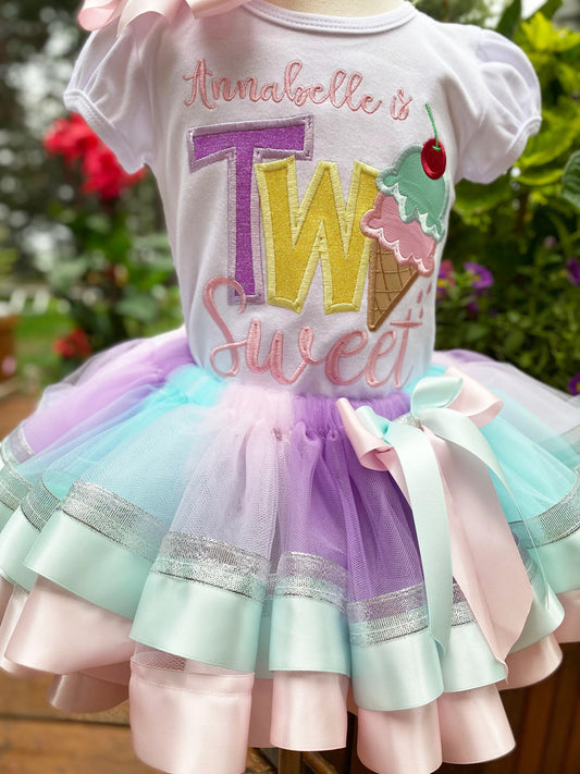 TWO Sweet Birthday Tutu Set, 2nd Ice Cream Cone Birthday Shirt Matching Hairbow, ANY AGE, Any Size Birthday Shirt