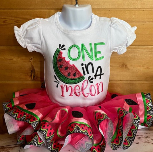 Melon Girls Birthday Shirt and Tutu, Watermelon Summer Embroidered One in a Melon Puffed Shirt