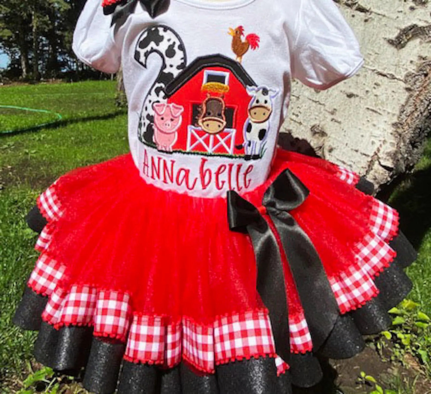 ANY AGE, Farm Barn Tutu Set, Cow Pig Chicken Horse Cow Tutu Shirt and Hairbow, 2nd Birthday Farm