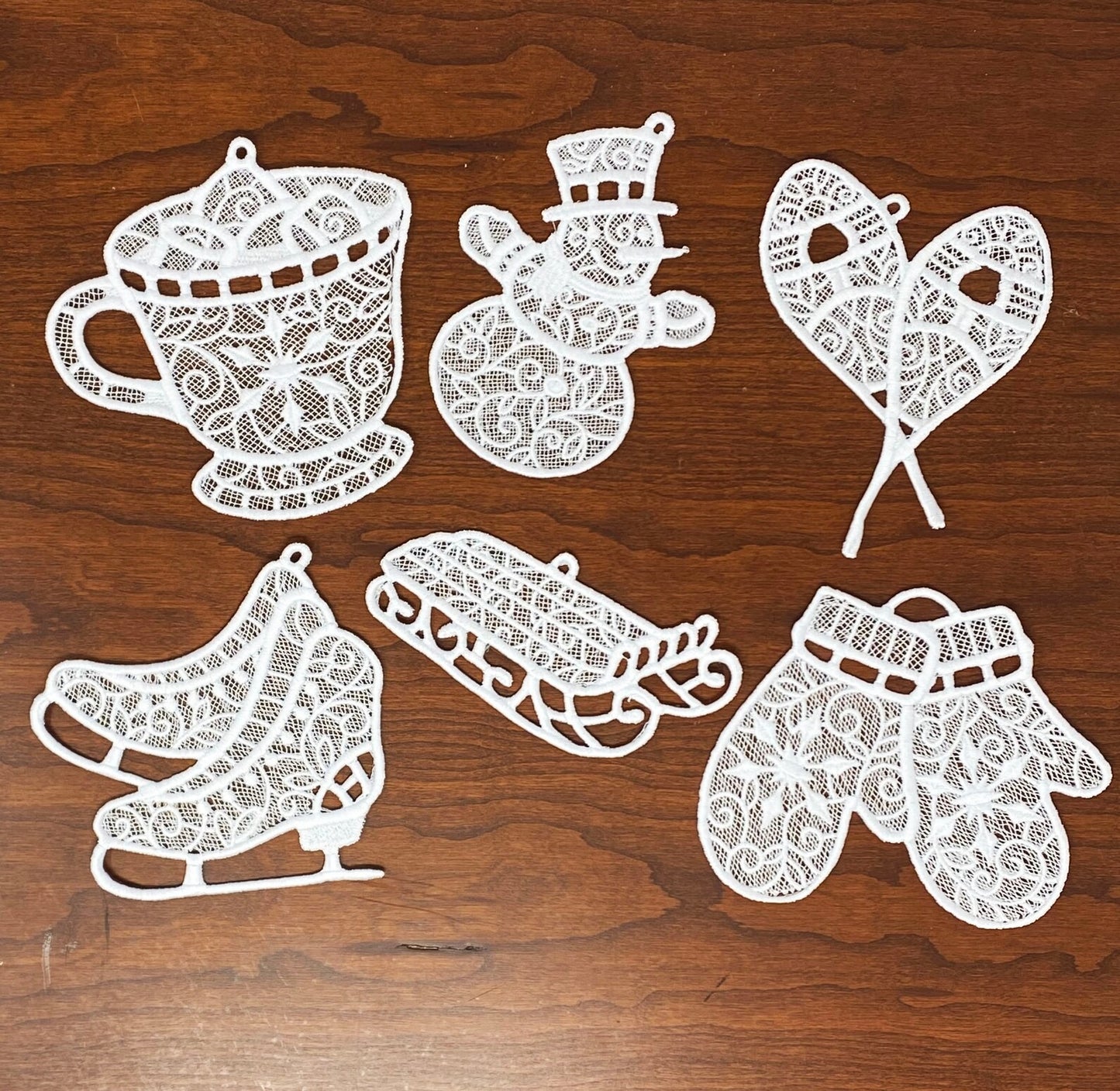 FSL Winter Ornaments - Set of 6, Free Standing Lace Embroidered Ornaments, Winter Collection #1