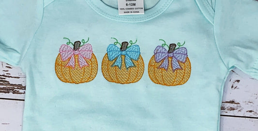 Pumpkins with Bows Aqua Bodysuit, Fall Pumpkins Baby Shirt, Pumpkin Baby Aqua Bodysuit, Embroidered Pumpkin Bodysuit