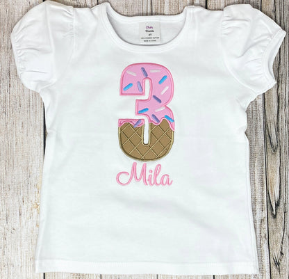 Ice Cream Birthday Shirt, 3rd Birthday Shirt, ANY Age ANY Size, Ice Cream Cone Embroidered