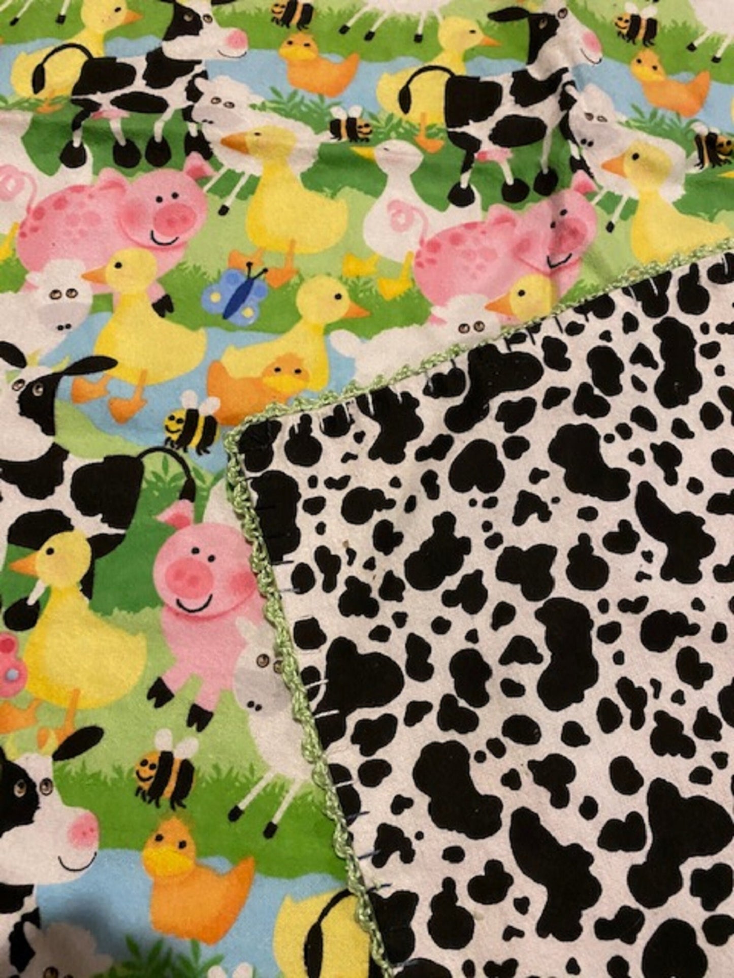 Farm Animals Flannel Receiving Blanket, Cow print flannel back, double flannel, hand crocheted 42" x 42"