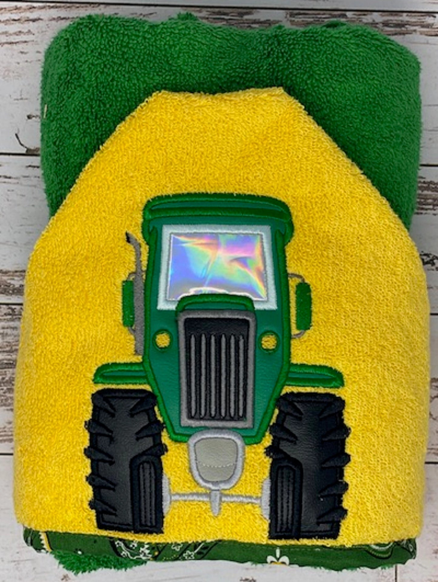 Green Tractor Hooded Bath Towel, Free Personalization Tractor Embroidered Hooded Beach Towel, Children's Hooded Towel