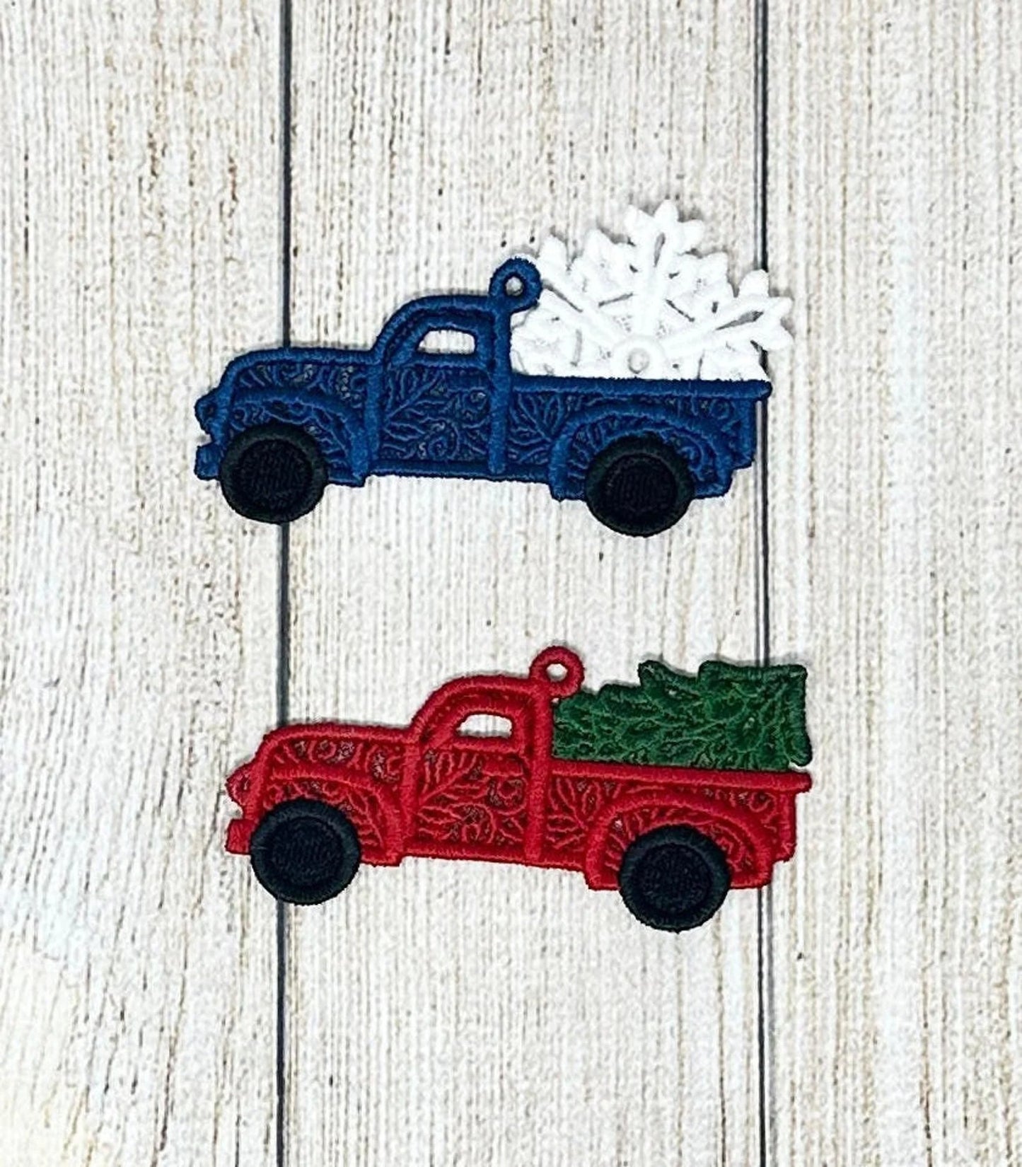 Lace Truck Ornament, Embroidered Truck Ornaments, Red Truck with Christmas Tree, Blue Truck with Snowflake, Gift, Hanging Ornament