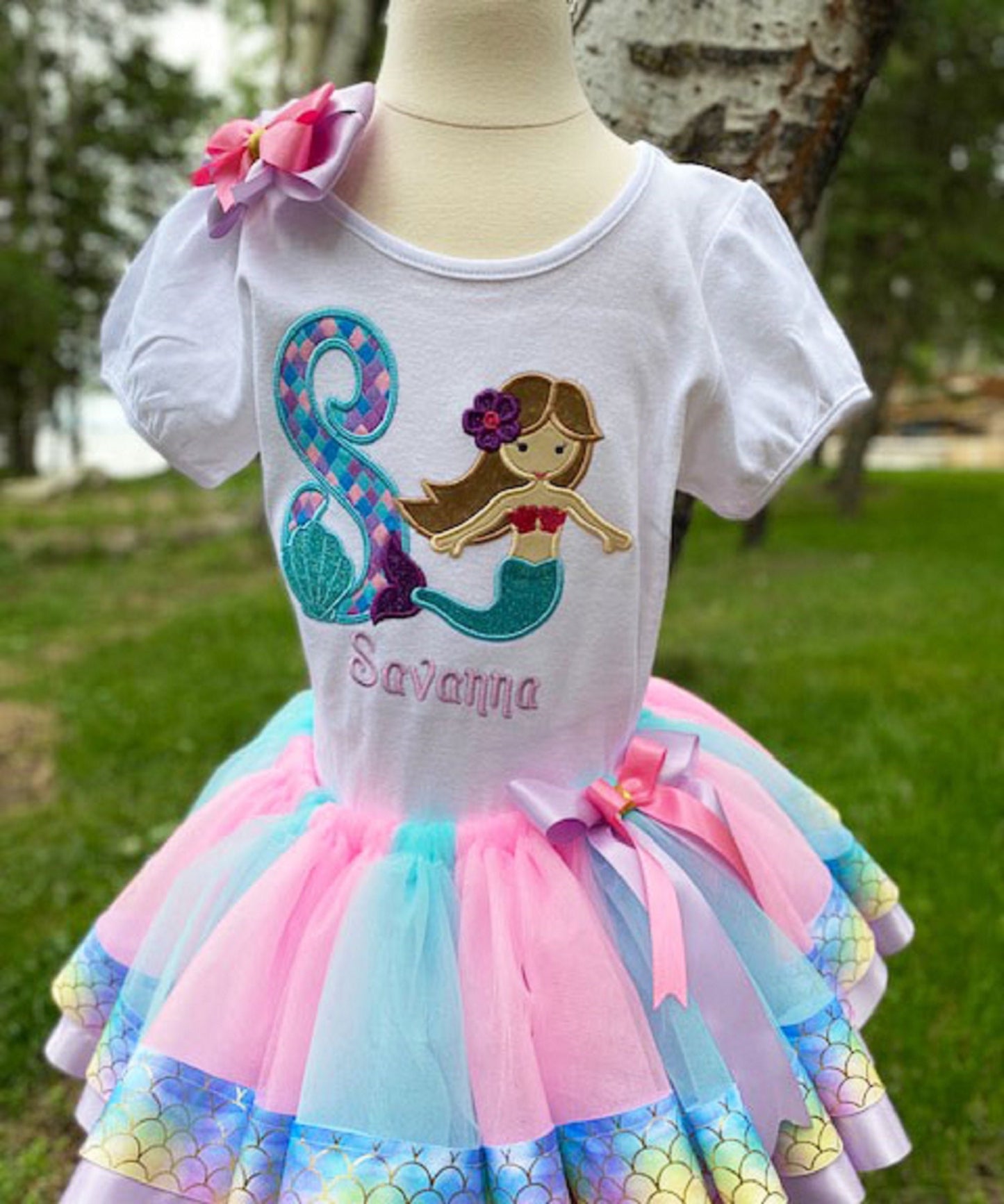 Mermaid Shirt and Tutu, 8th Birthday Purple and Aqua Mermaid Shirt , Purple Pink Turquoise Mermaid ribbon skirt, Any Age Birthday Number