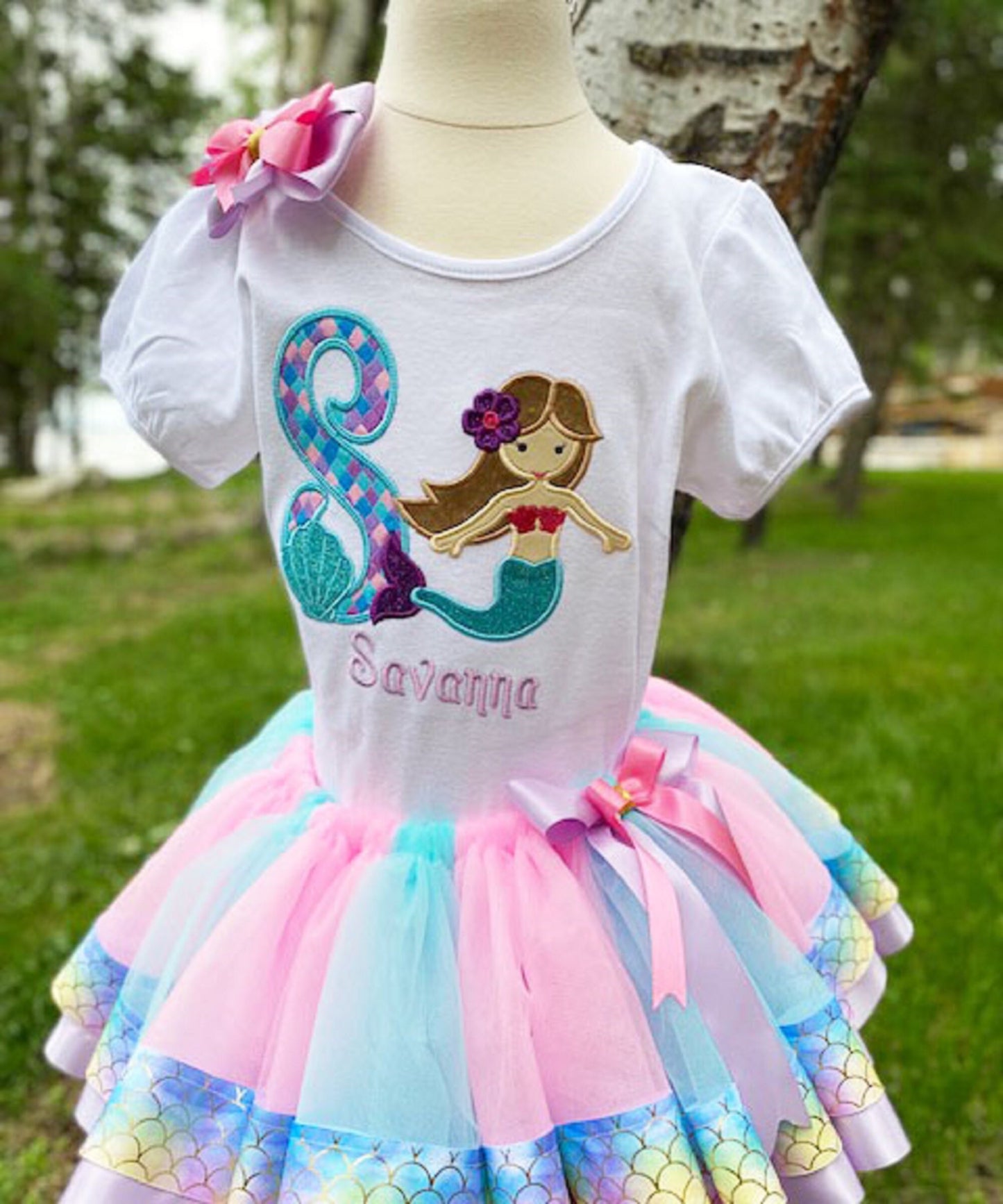 Mermaid Shirt and Tutu, 8th Birthday Purple and Aqua Mermaid Shirt , Purple Pink Turquoise Mermaid ribbon skirt, Any Age Birthday Number