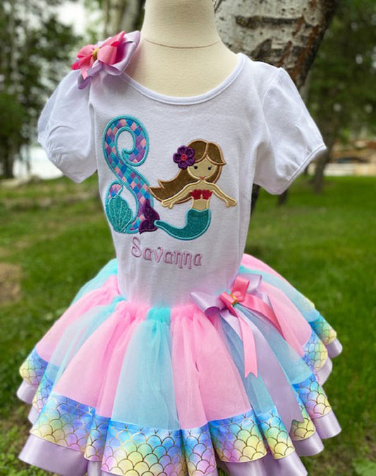 Mermaid Shirt and Tutu, 8th Birthday Purple and Aqua Mermaid Shirt , Purple Pink Turquoise Mermaid ribbon skirt, Any Age Birthday Number