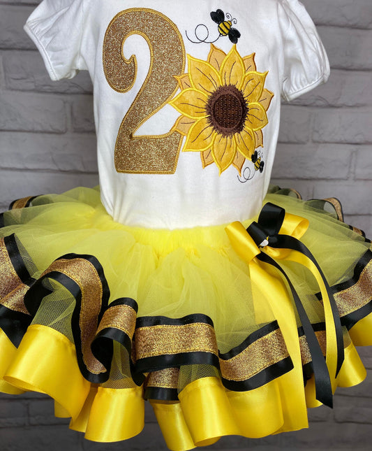 Sunflower and Bees,  Sunflower Tutu Set, 2nd Birthday Shirt, Fall Birthday, Sunflower Birthday Shirt, Sunflower Bee Skirt