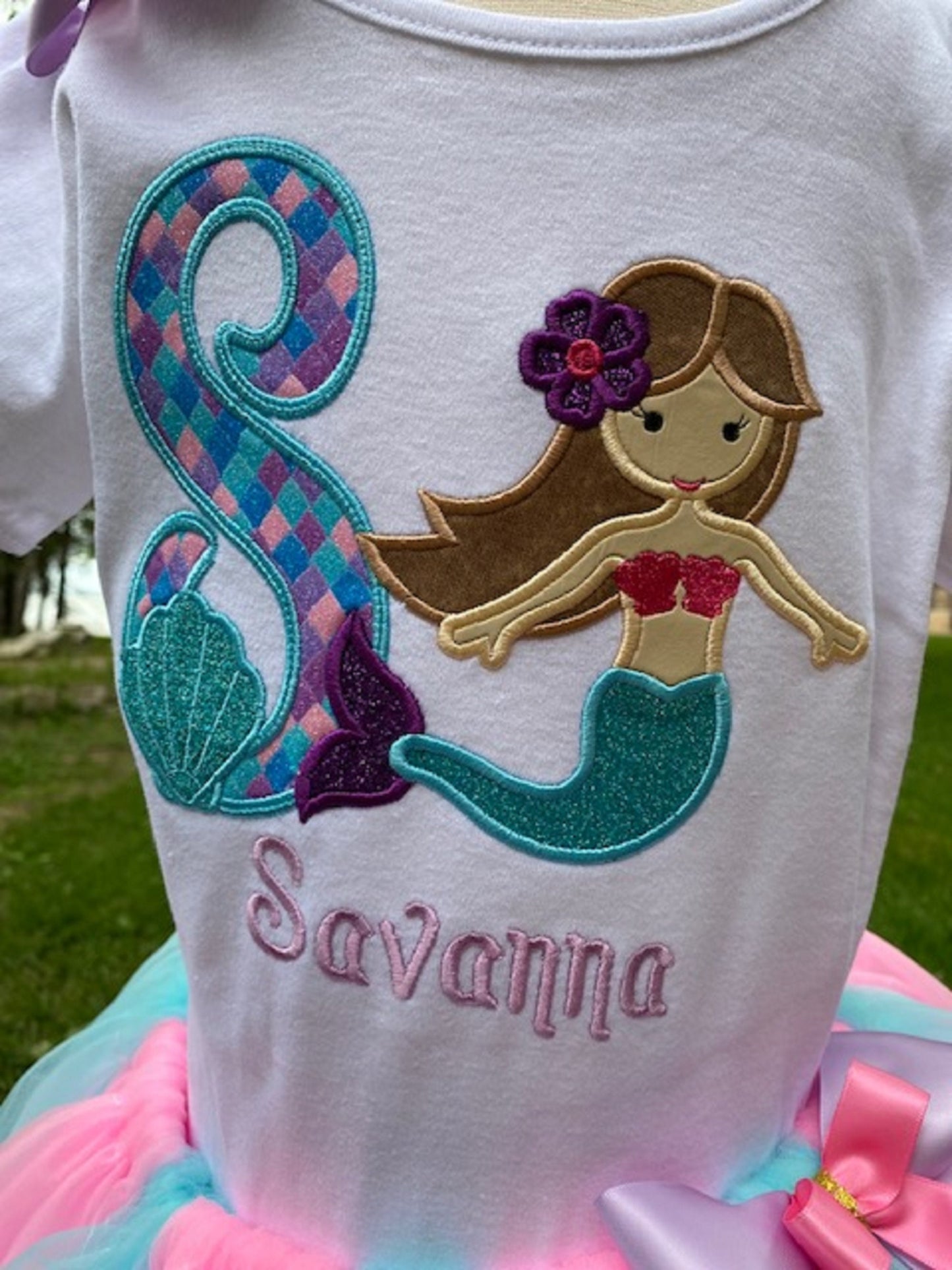 Mermaid Shirt and Tutu, 8th Birthday Purple and Aqua Mermaid Shirt , Purple Pink Turquoise Mermaid ribbon skirt, Any Age Birthday Number