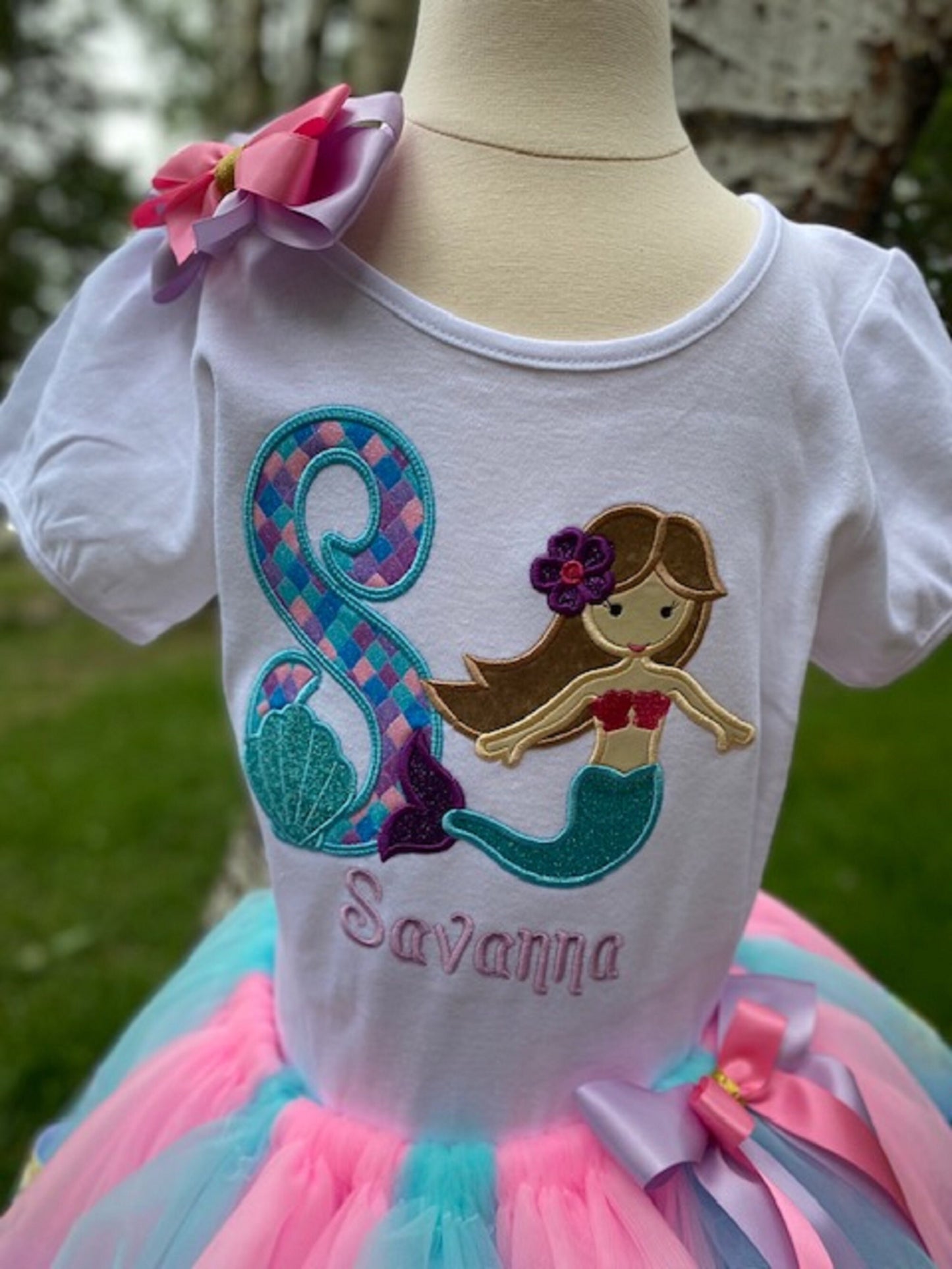 Mermaid Shirt and Tutu, 8th Birthday Purple and Aqua Mermaid Shirt , Purple Pink Turquoise Mermaid ribbon skirt, Any Age Birthday Number