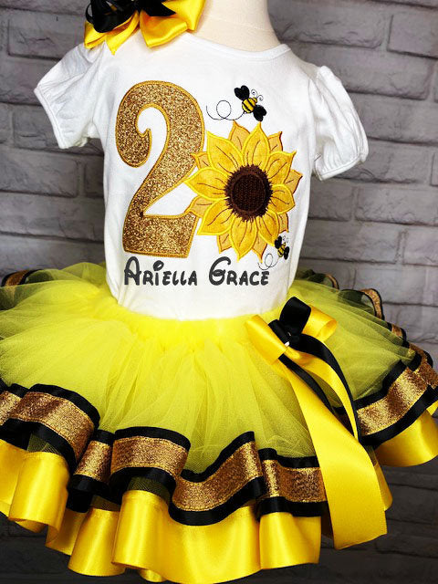 Sunflower and Bees,  Sunflower Tutu Set, 2nd Birthday Shirt, Fall Birthday, Sunflower Birthday Shirt, Sunflower Bee Skirt