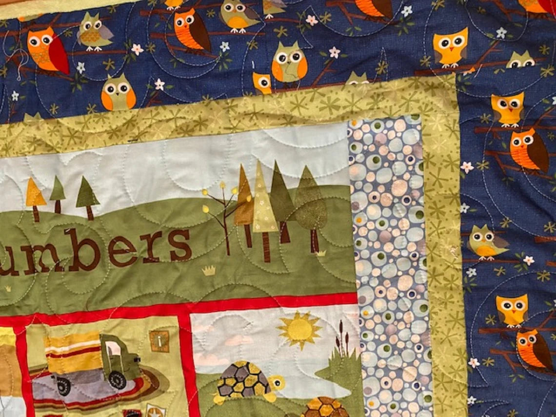 Owl Forest Crib Quilt 41"x55", Outdoors Quilt, Forest Animals Toddler Quilt, Lime Minky backing