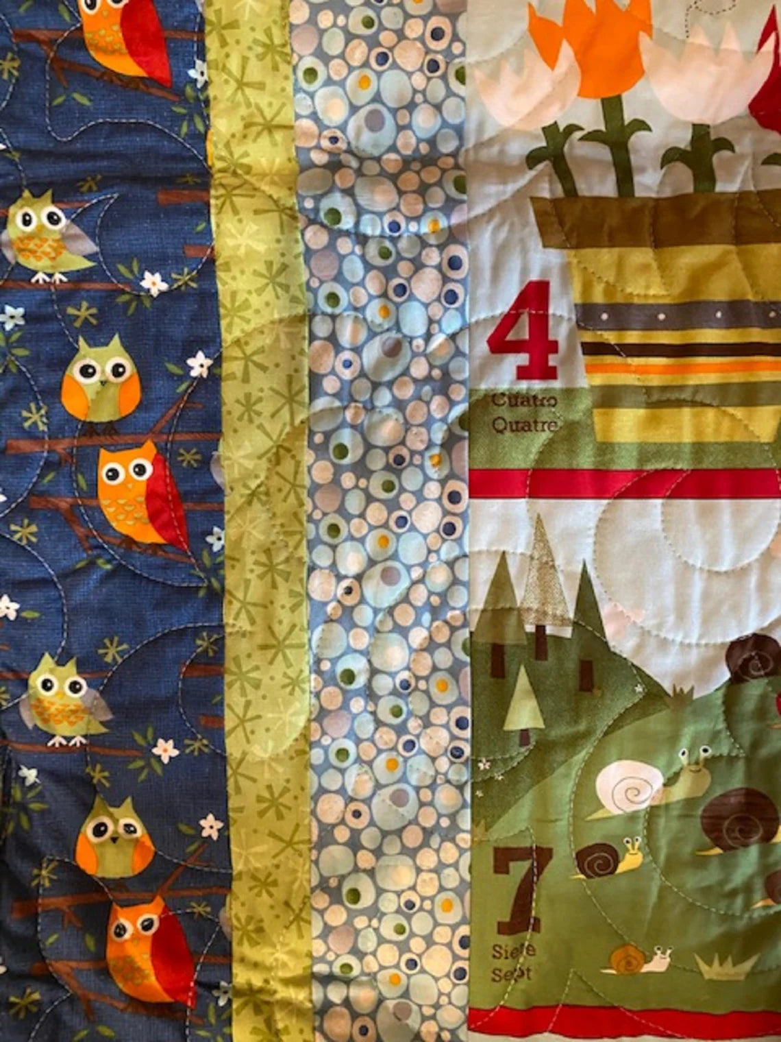 Owl Forest Crib Quilt 41"x55", Outdoors Quilt, Forest Animals Toddler Quilt, Lime Minky backing