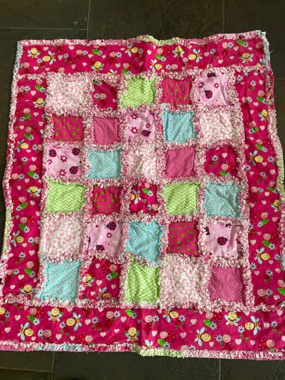 Pink Ladybugs and Bees, rag quilt, baby and toddler quilt, Baby Shower