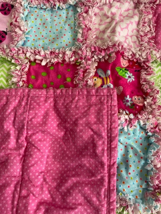 Pink Ladybugs and Bees, rag quilt, baby and toddler quilt, Baby Shower