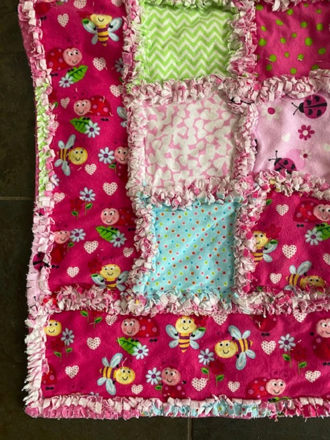 Pink Ladybugs and Bees, rag quilt, baby and toddler quilt, Baby Shower