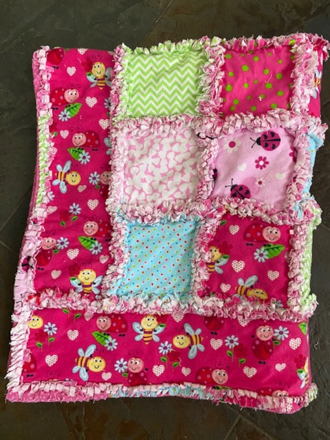 Pink Ladybugs and Bees, rag quilt, baby and toddler quilt, Baby Shower