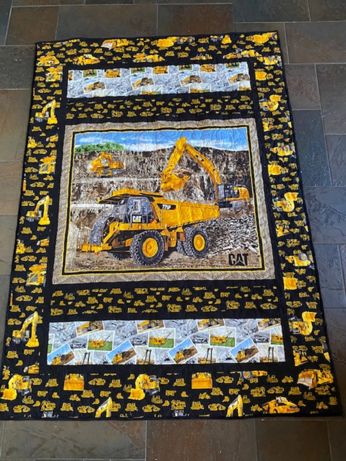 CAT Equipment Machinery Construction Twin-sized Lap Quilt, Heavy Caterpillar Equipment Quilt, 59" x 82"