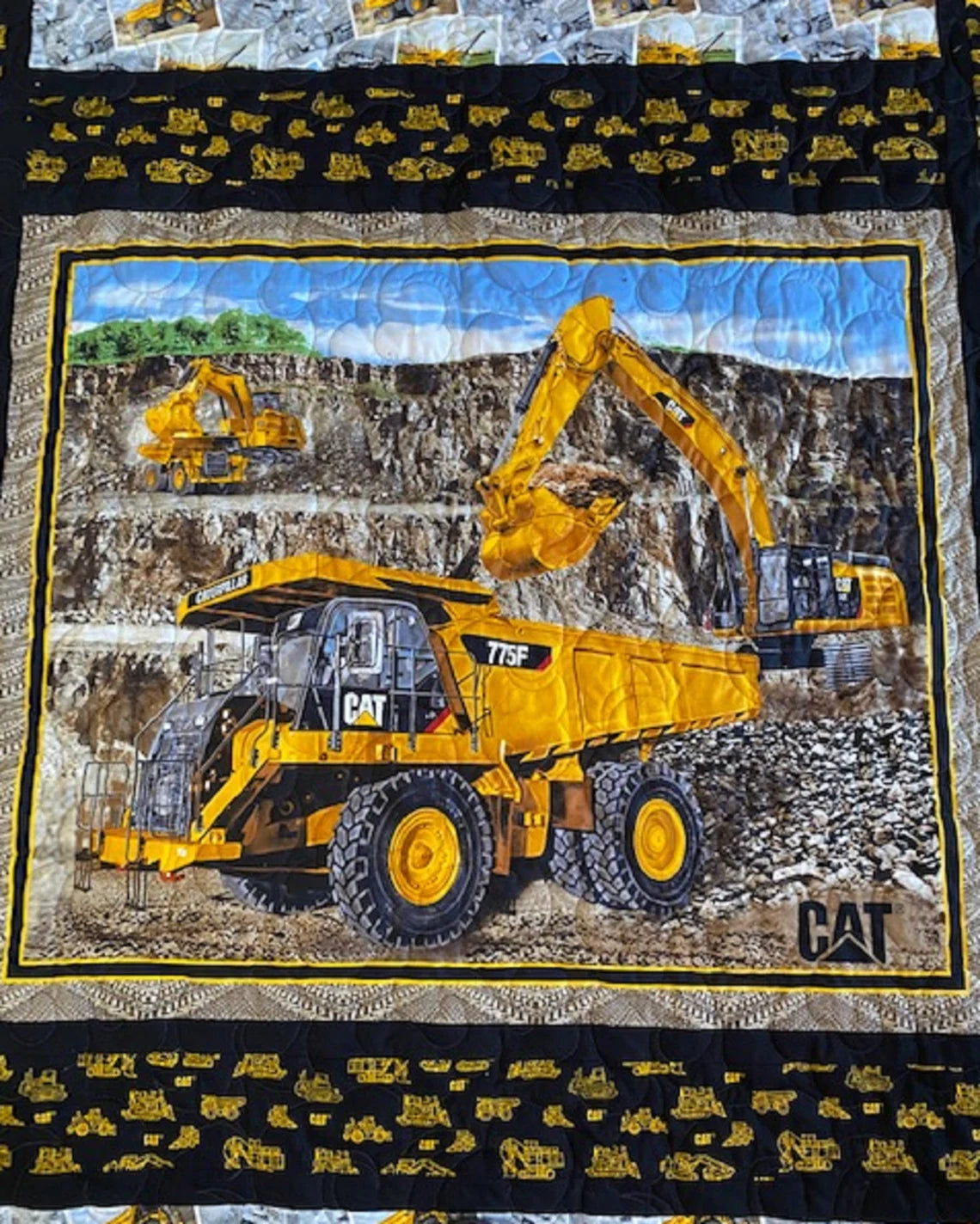 CAT Equipment Machinery Construction Twin-sized Lap Quilt, Heavy Caterpillar Equipment Quilt, 59" x 82"