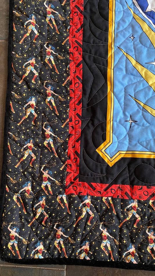 Lap Quilt 50" x 60", Soft Minky Backing, Superhero Cuddle Blanket, Soft Black Minky Backing