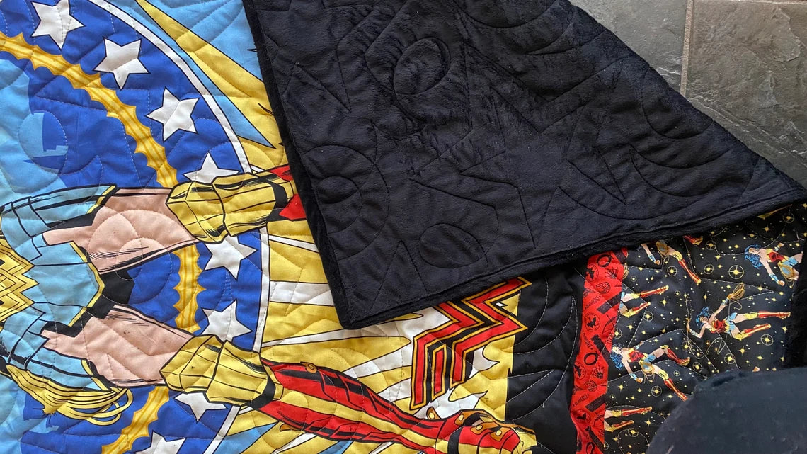 Lap Quilt 50" x 60", Soft Minky Backing, Superhero Cuddle Blanket, Soft Black Minky Backing