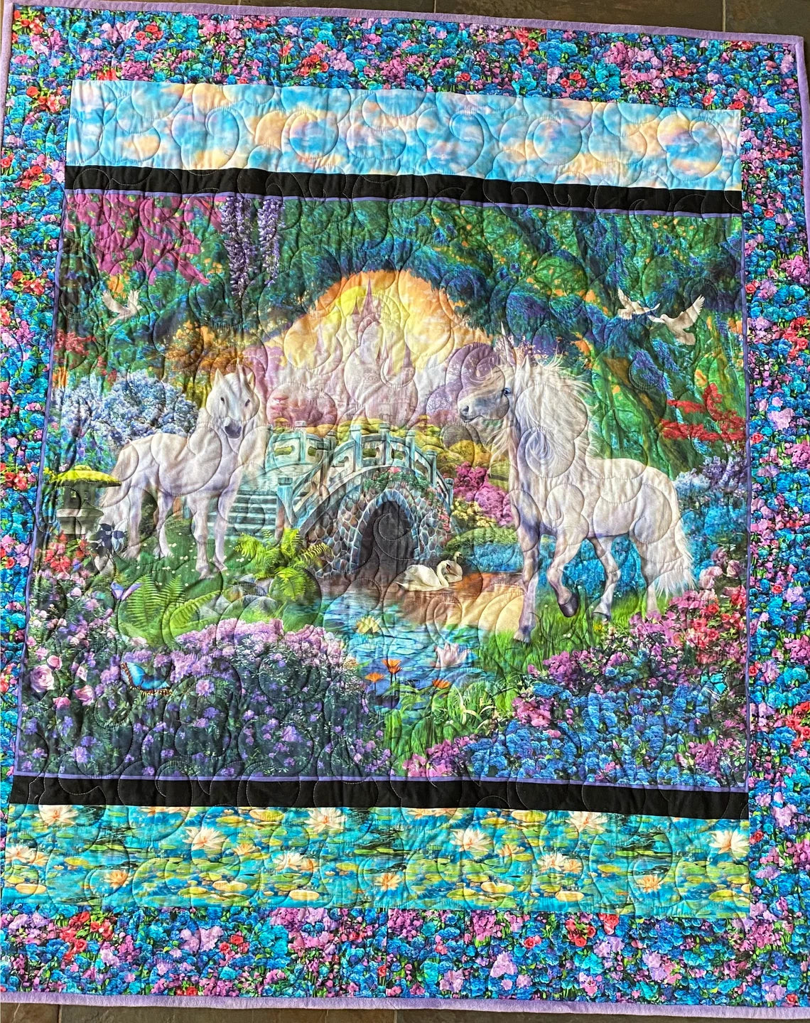 Unicorn Lap 49" x 58", Soft Minky Backing, Realistic Unicorns with Mythical Castle background, Lap size Snuggle Quilt