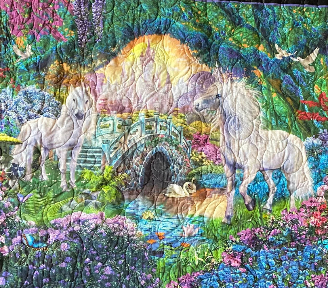 Unicorn Lap 49" x 58", Soft Minky Backing, Realistic Unicorns with Mythical Castle background, Lap size Snuggle Quilt